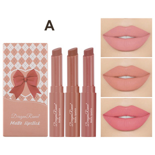 Cross-Border Lipstick Pen Lipstick Crayon Niche Brand Female Bow Oblique Mouth Nude Color Series Lipstick Pen Set of Three