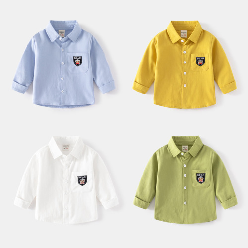 Children's Long Sleeve Shirt Wholesale  New Boys Casual Shirt Korean Style Baby Square Neck Embroidered Pocket Top