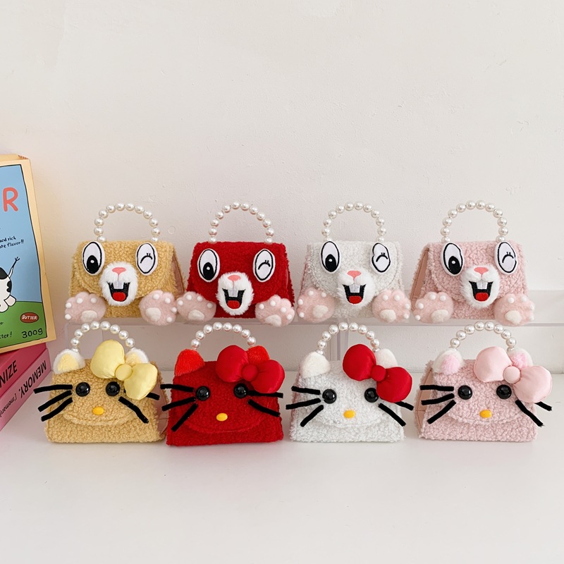 Caricatura lindo gatito niña bolsa de hombro bolsa de perlas de peluche otoño invierno 2026 nuevo accesorios para niños bolsa