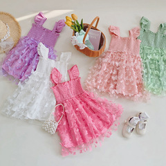 Amazon 3D Butterfly Net Gauze Sleeveless Girl's Dress 2024 Summer Model Cable Waist Baby Girl Princess Dress