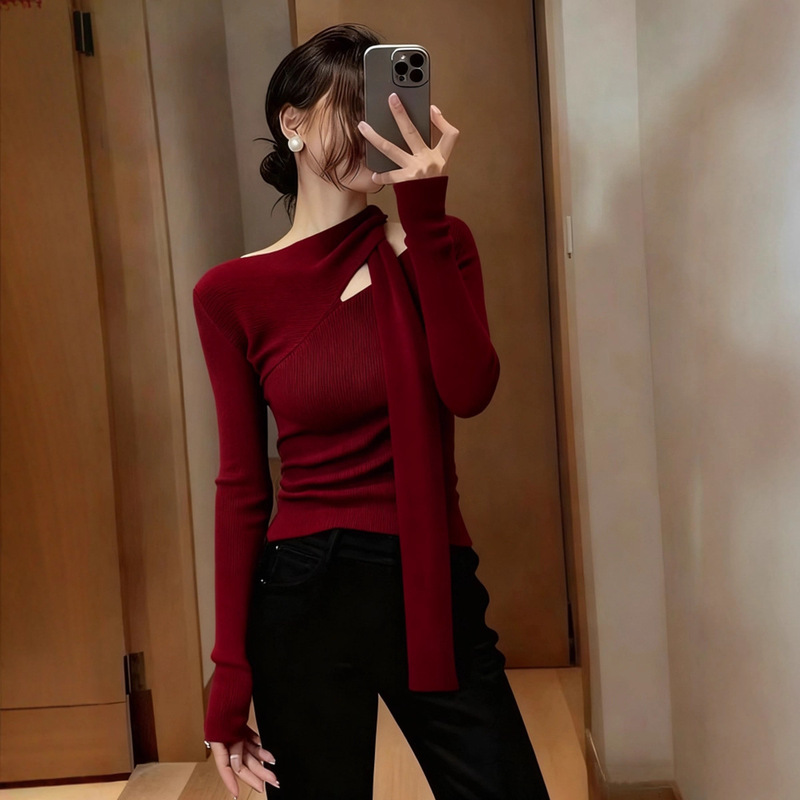 French-Style Hollow-Out Ribbon Knit Sweater for Women, Red Sweater for Autumn and Winter 2026, Suitable for Zodiac Year, New Year, and Christmas, as a Base Layer or Inner Wear