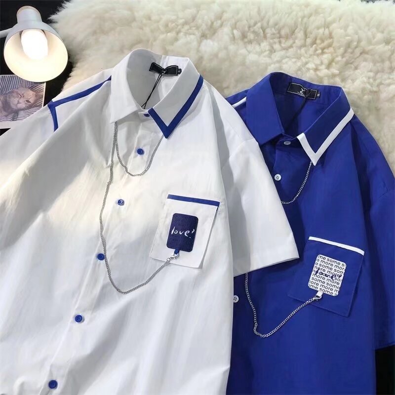 Cross-Border Design-Inspired Niche Instagram-Style Korean Color-Blocking Necklace Shirt for Men, New Summer Loose Retro Short-Sleeve Top Cross-Border Design-Inspired Niche Instagram-Style Korean Color-Blocking Necklace Shirt for Men, New Summer Loose Retro Short-Sleeve Top