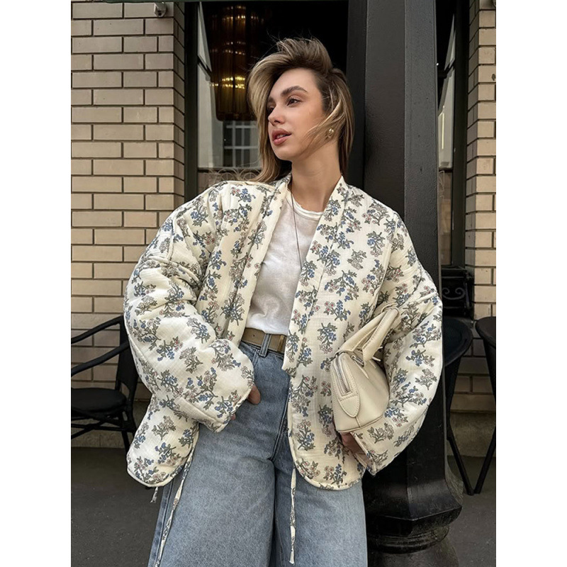 Fotografía real - estilo casual impresión de lazos de cuello en V de lazos de abrigo de algodón para mujeres 2025 nuevo estilo transfronterizo europeo y americano