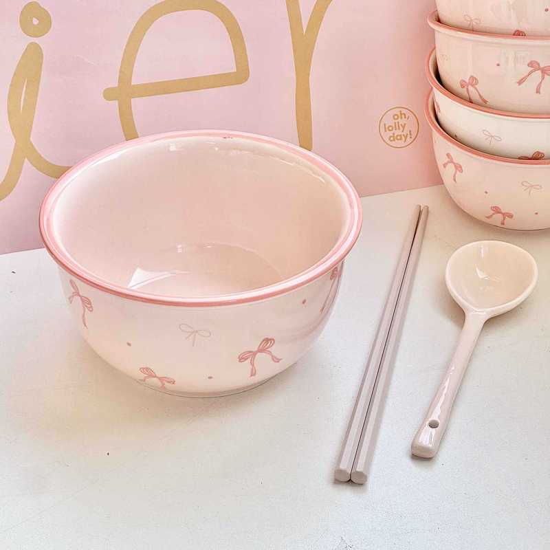 粉色ins风蝴蝶结陶瓷餐具套装面碗家用饭碗盘子釉下彩好看少女心|undefined