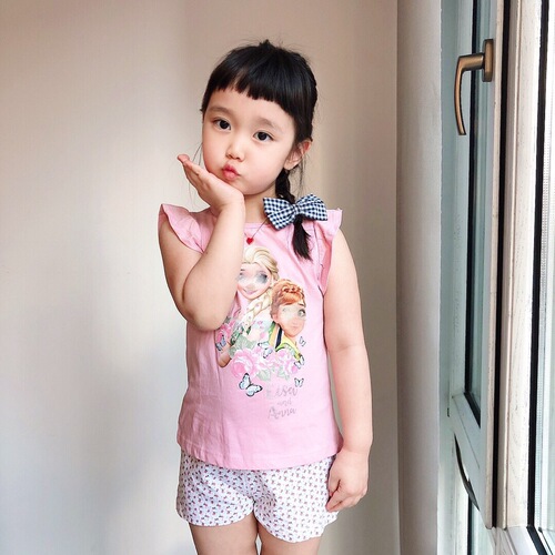 Princess Elsa Girls' Frozen Pajamas Summer Short Sleeve Cute Super Cute Cotton Internet Celebrity Middle and Older Children's Home Set