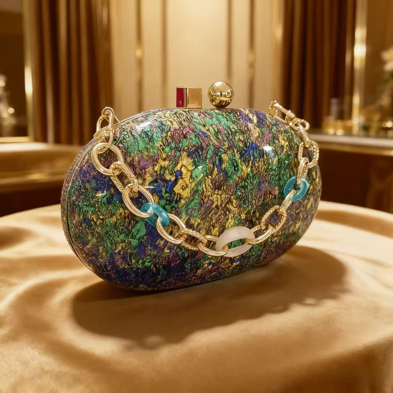 Bolsa de cena de lujo ligera transfronteriza, café de perla de almendro, bolsa de mano acrílica ovalada, bolsa de noche de hombro para damas