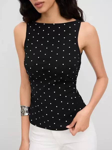 American-Style Polka Dot Base Shirt for Women, Summer Boat Neck Retro Ruched Waist-Slimming Tank Top, Sexy Sleeveless Top