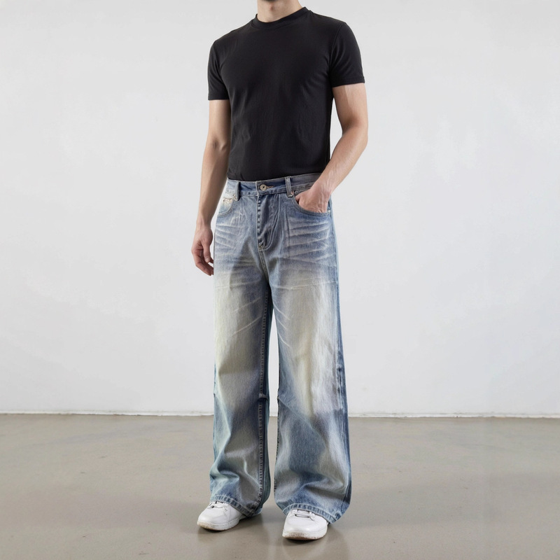 Kzd Men's Clothing | Cow King A-Line Washed Blue Loose Wide-Leg Cleanfit Jeans with Three-Dimensional Whiskers.