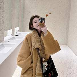 韩国新款两面穿皮毛一体羊羔毛外套女冬季加厚机车服宽松毛毛上衣