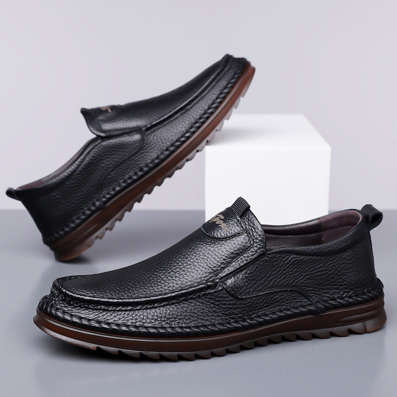 Giày lười nam da bò lớp đầu mềm, đế bằng chống trượt, cỡ lớn — Kaki, Màu trắng, Màu đen