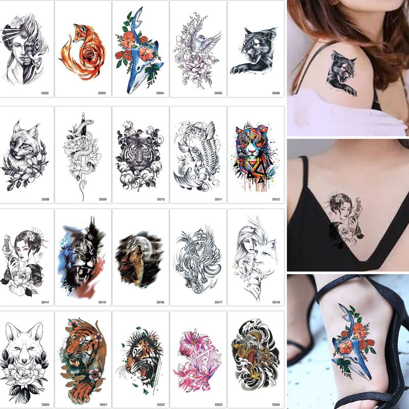 Watercolor Splash Ink Beast Tattoo Stickers Dark Sketch Wolf Tiger Fox Portrait Rose Personalized Temporary Waterproof Tattoo