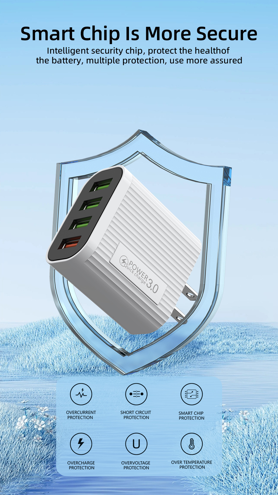 4USB multi port 18W mobile fast charging head QC3.0+3U2A travel charger_voghion.com