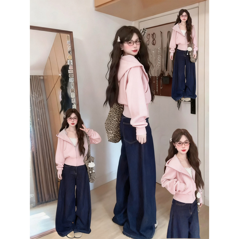 Early Autum Pink Right Shoulder Short Hooded Sweatshirt Thin Jacket Women's Slim Waist Top Looks Great in Korean Style