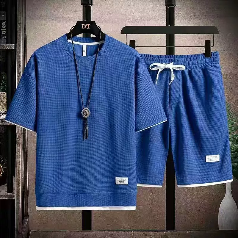 Комплект верх с коротким рукавом и брюки oversize, размеры M–5XL, текстура вафли, повседневный набор