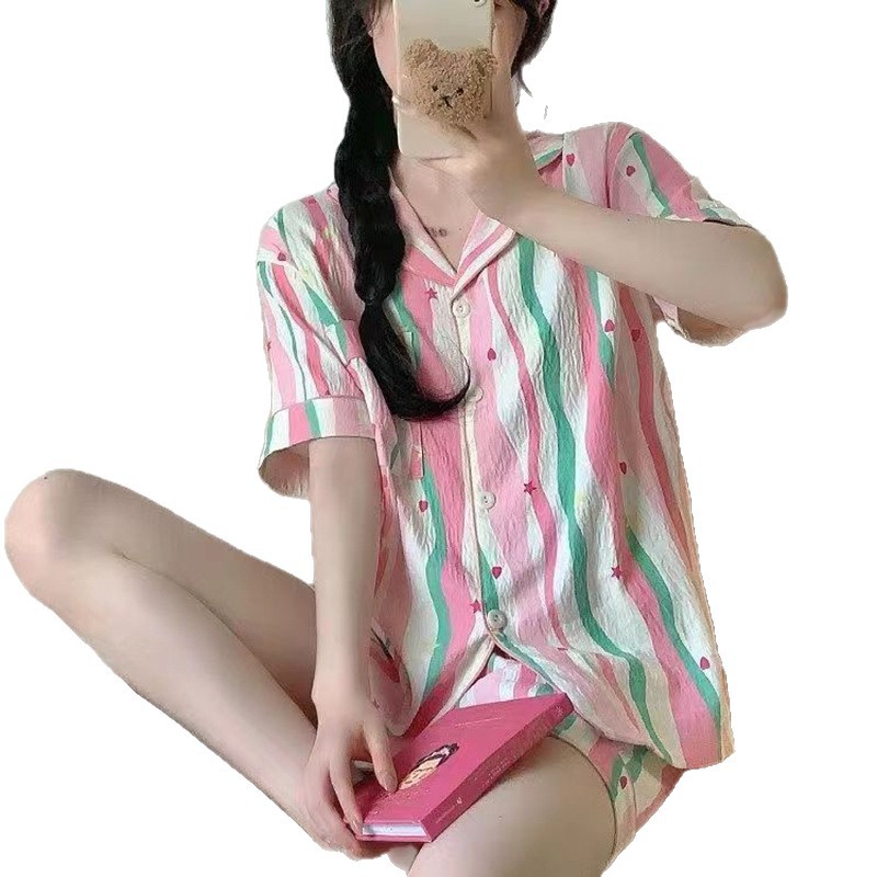 Verano nuevo pijama de pareja escuela suelta delgada pantalones cortos de mangas cortas dos piezas set de algodón nubes ropa para el hogar