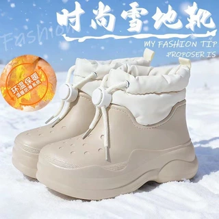 新款加绒雪地靴防水防滑一体成型松紧口户外保暖防滑厚底增高棉鞋