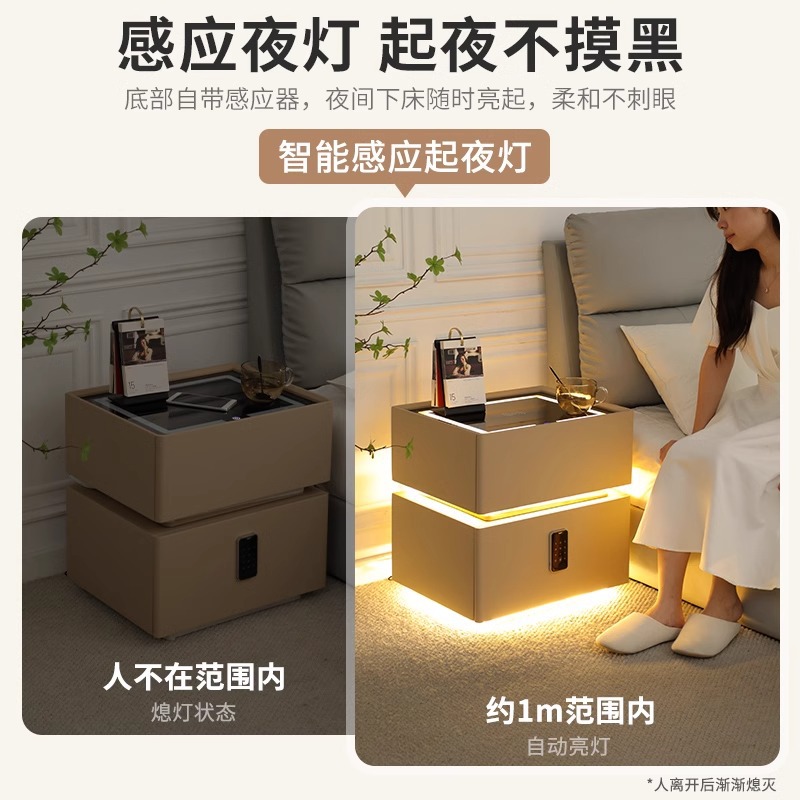 Mesa de cabezal de cama moderna lujosa inteligente con luces de alto nivel de sensación de dormitorio estante de cabezal de cama de viento de crema almacenar gabinete bajo junto a la cama