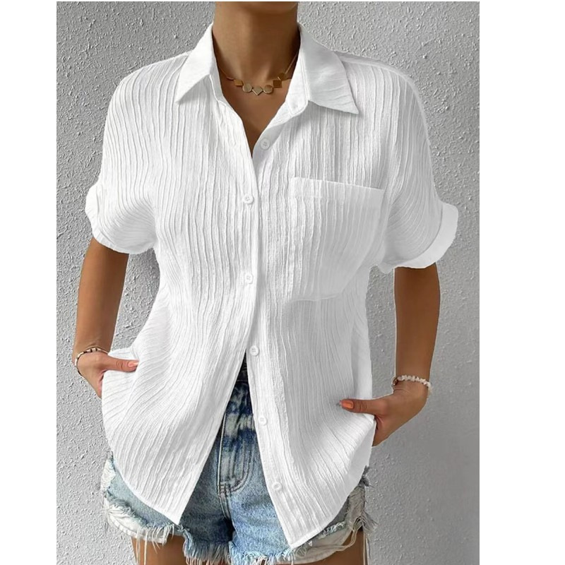 Cardigan Shirt 2026 Patchwork Pocket Short-Sleeve Solid Color Stylish Casual Turn-Down Collar Raglan Sleeve Shirt Short-Sleeve Women's Clothing