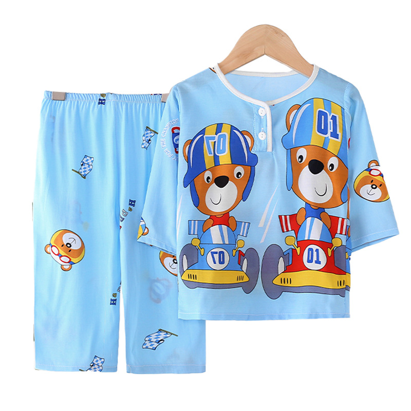 Children's cotton silk pajamas, summer boys' long sleeves, summer thin air conditioning baby suit, boys' and girls' cotton silk home clothes