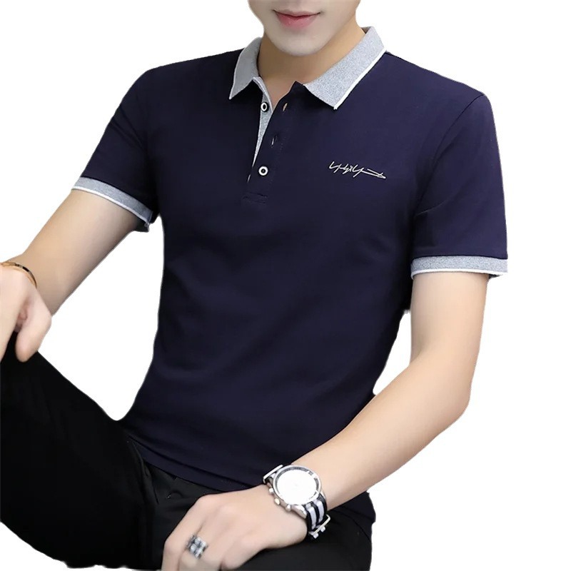 Camiseta casual bordada de verano de manga corta para hombres Camiseta POLO de solapa de negocios Camisa de fondo hermosa de tendencia de algodón puro para hombres delgada