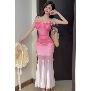 Mesh gradient camisole dress for women， waist bag， buttocks， fish tail long dress