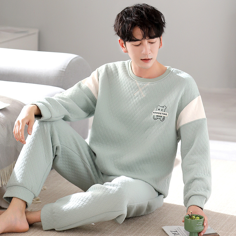 Pijamas de algodón de aire para hombres otoño y invierno engrosados manga larga primavera y otoño intercalado coreano nuevo conjunto de ropa de hogar caliente