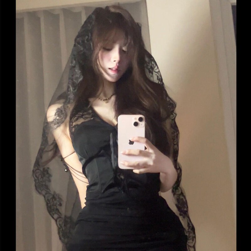 ヨーロッパとアメリカのハロウィンヘッドドレスゴースト花嫁二重層黒ベールパーソナライズされたレトロな写真の小道具黒レース|undefined