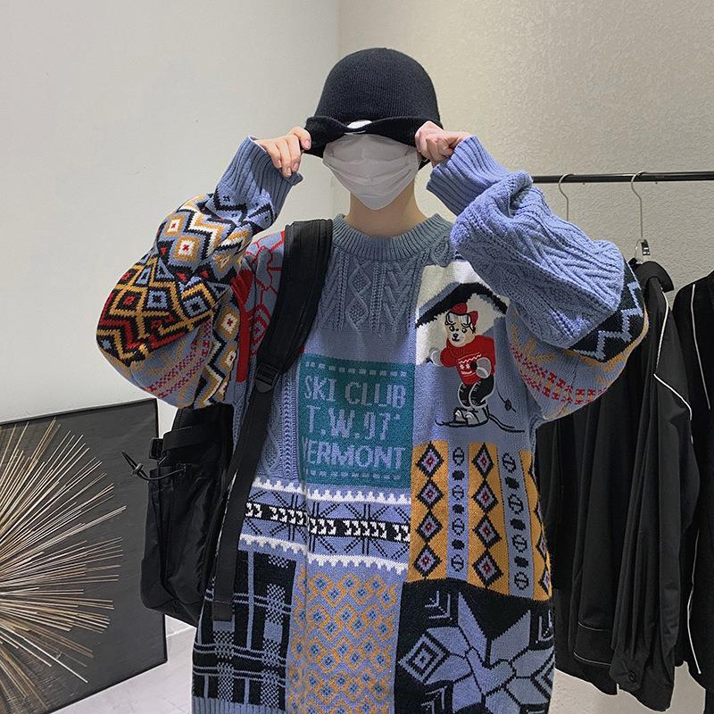 Navidad Hong Kong estilo retro oso suéter cuello redondo de los Hombres estilo perezoso suelta Otoño e Invierno ropa de punto de la pareja moda