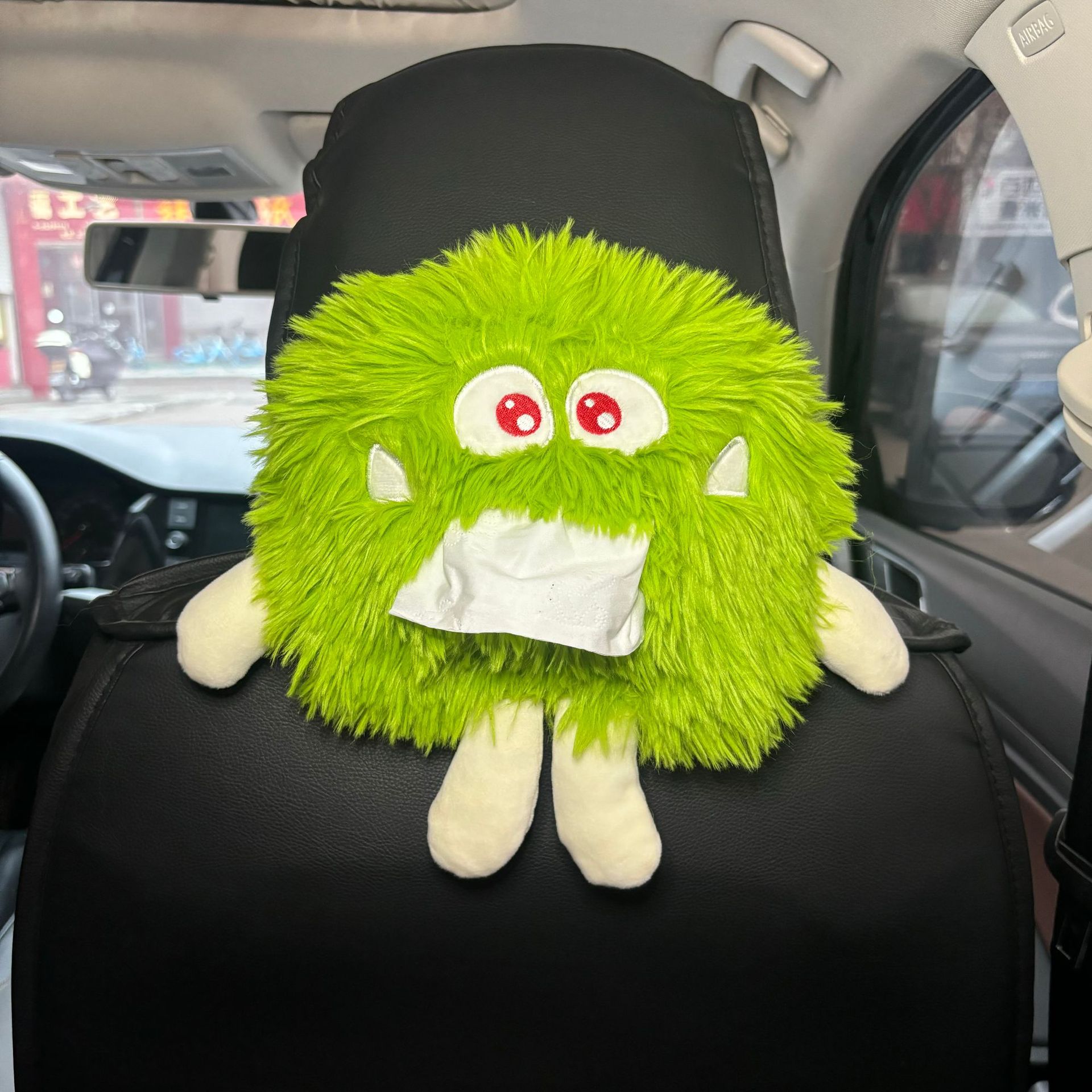 Car tissue box/set: Che Zai Zhi Jin He Gua Shi Tissue Holder - green-fanged-monster-plush-tissue-box