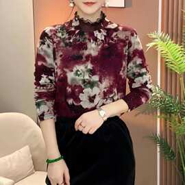 加绒网纱长袖女打底衫2024冬季时尚宽松显瘦韩版立领保暖时尚上衣