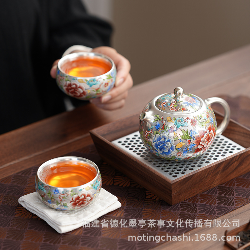 国色天香鎏银茶具旅行功夫套装一壶四杯高端轻奢茶壶礼盒中秋乔迁|undefined