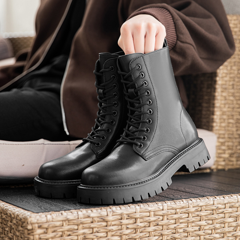 British Style Men's Black Martin Boots With Side Zip Workwear_voghion.com