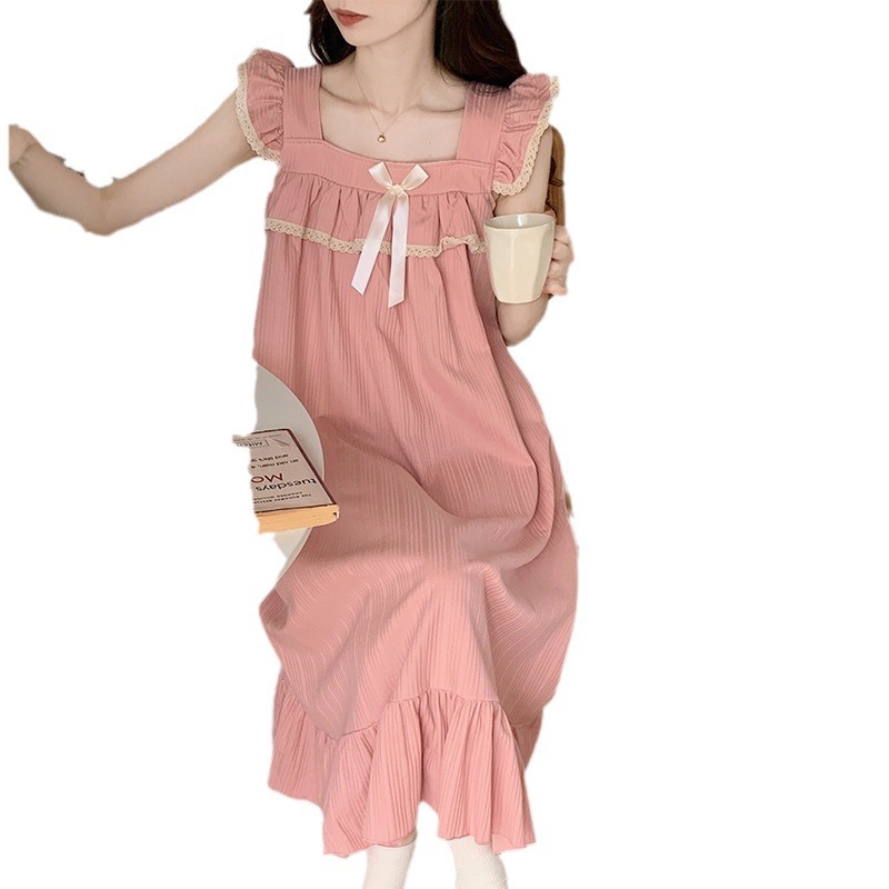 Pijama con cojín de pecho vestido de mujer simple dulce lindos pijama arco de rodilla vestido de cabina de vestir para el hogar de verano
