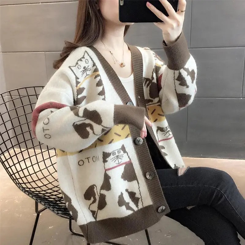 2023 Otoño e Invierno Nuevo suéter exterior de estilo perezoso suelto de las mujeres de estilo coreano con cuello en V gato de dibujos animados de punto Chaqueta de punto