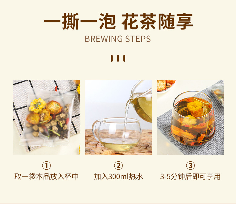Chrysanthemum Cassia Seed Herbal Tea Jue Ming Zi Yang Sheng Cha Blend with Burdock Root Dried Kumquat Goji and Honeysuckle 100g specifications