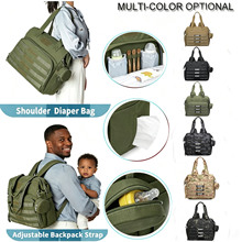 亚马逊现货新款军绿色奶爸背包防水外出轻便大容量母婴包待产包