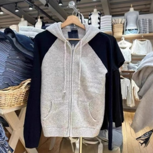 BM style new raglan sleeves color-blocked zipper knitted cardigan top for women bm college style hooded sweater short coat