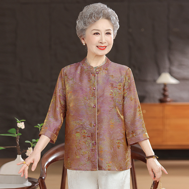Summer Middle-Aged and Elderly Women's Shirt with Three-Quarter Sleeves, New Chinese Style, Elegant Grandma Outfit, Retro Stand Collar, Single-Breasted, Thin Top Summer Middle-Aged and Elderly Women's Shirt with Three-Quarter Sleeves, New Chinese Style, Elegant Grandma Outfit, Retro Stand Collar, Single-Breasted, Thin Top