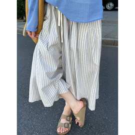 S-6XL小个子设计感灰蓝竖条纹宽松休闲裤女夏季遮胯显瘦百搭裤BF