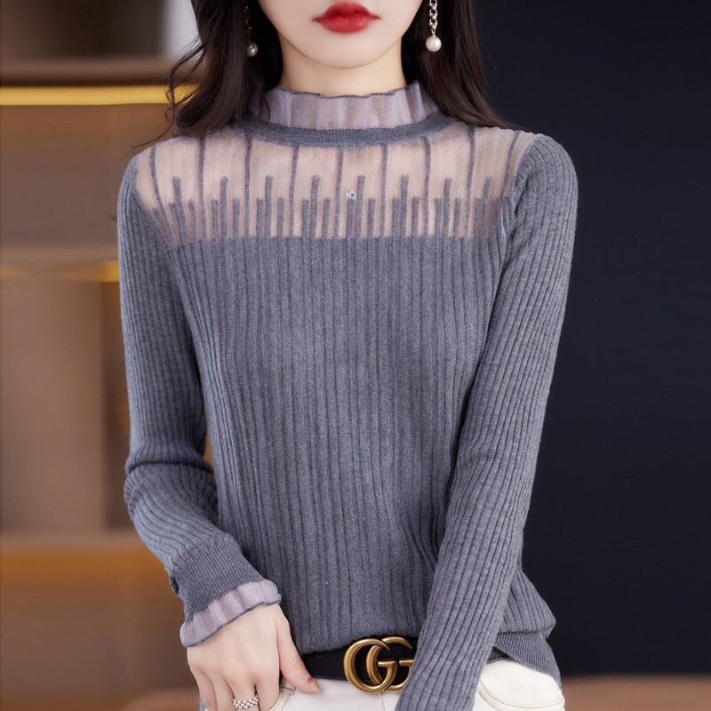 2025 Spring/Summer New Lace Ruffle Hollow Wool Knit Base Shirt Women's Top Sweater