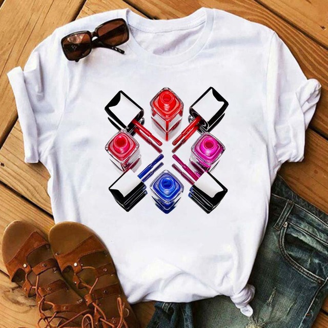 Foreign Trade Top 2022 Women's Fashion Nail Polish Printing Short-sleeved White T-shirt Cross-border AliExpress Base Shirt European Size Foreign Trade Top 2022 Women's Fashion Nail Polish Printing Short-sleeved White T-shirt Cross-border AliExpress Base Shirt European Size