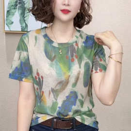 【源头工厂】新款时尚印花短袖T夏季百搭圆领高级显瘦女爆款上衣