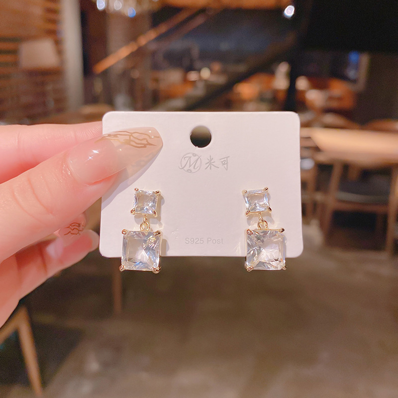 Micro-inlaid Zircon Crystal Drop Earrings Korean Style Simple Square Earrings Wholesale display picture 1