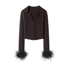 现货2025秋季新款设计师款V领蕾丝拼接羽毛袖针织开衫 RL90601490