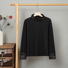 2025新款秋冬t恤女民族风秋冬季新款立领长袖刺绣打底衫上衣套装