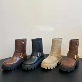 P家秋冬三角标真皮圆头复古厚底增高百搭休闲套筒马丁靴单靴防滑