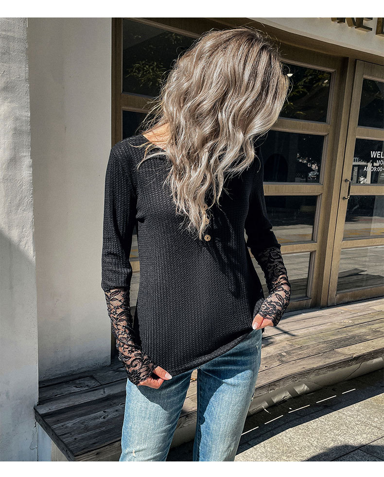 Stitching Round Neck Long-Sleeved Slim Solid Color Lace Knitted Top NSDMB113764