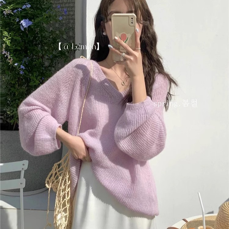 2025 Early Spring Temperament Gentle Style Loose V Neck Sweater Women's Korean Style Pullover Western Style Macaron Color Lazy Top 2025 Early Spring Temperament Gentle Style Loose V Neck Sweater Women's Korean Style Pullover Western Style Macaron Color Lazy Top