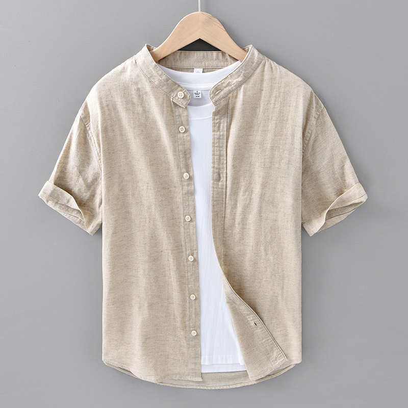 Linen Short-sleeved Shirt Men's Casual All-match Thin Cotton and Linen Collar Shirt Men's Summer Breathable Linen Top 207