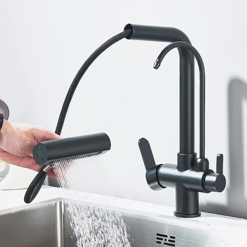 Cross-Border All-Copper Four-In-One Water Purifying Faucet Household Sink Sink Pressurized Faucet Kitchen Pull-Out Hot and Cold Faucet